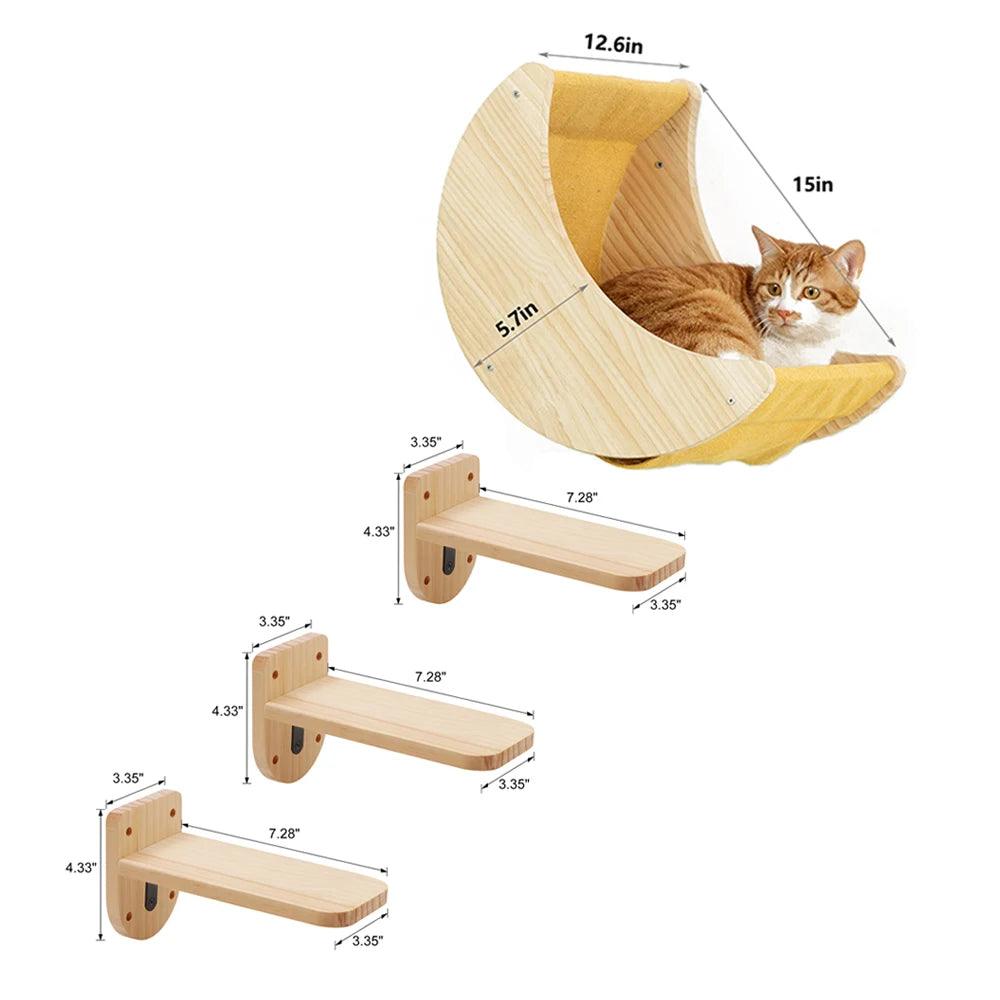 Authentic Wood Cat Wall Hammock Shelves - Moon Shaped Design - Love4thePets