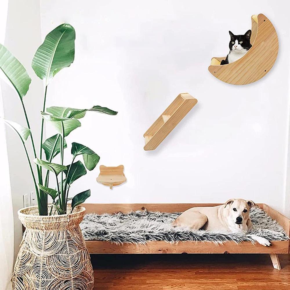 Authentic Wood Cat Wall Hammock Shelves - Moon Shaped Design - Love4thePets