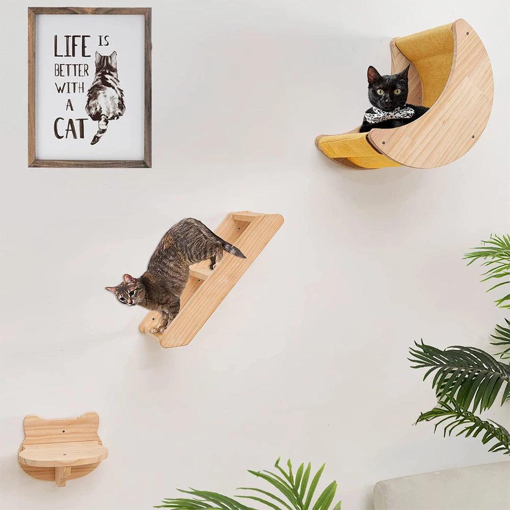 Authentic Wood Cat Wall Hammock Shelves - Moon Shaped Design - Love4thePets