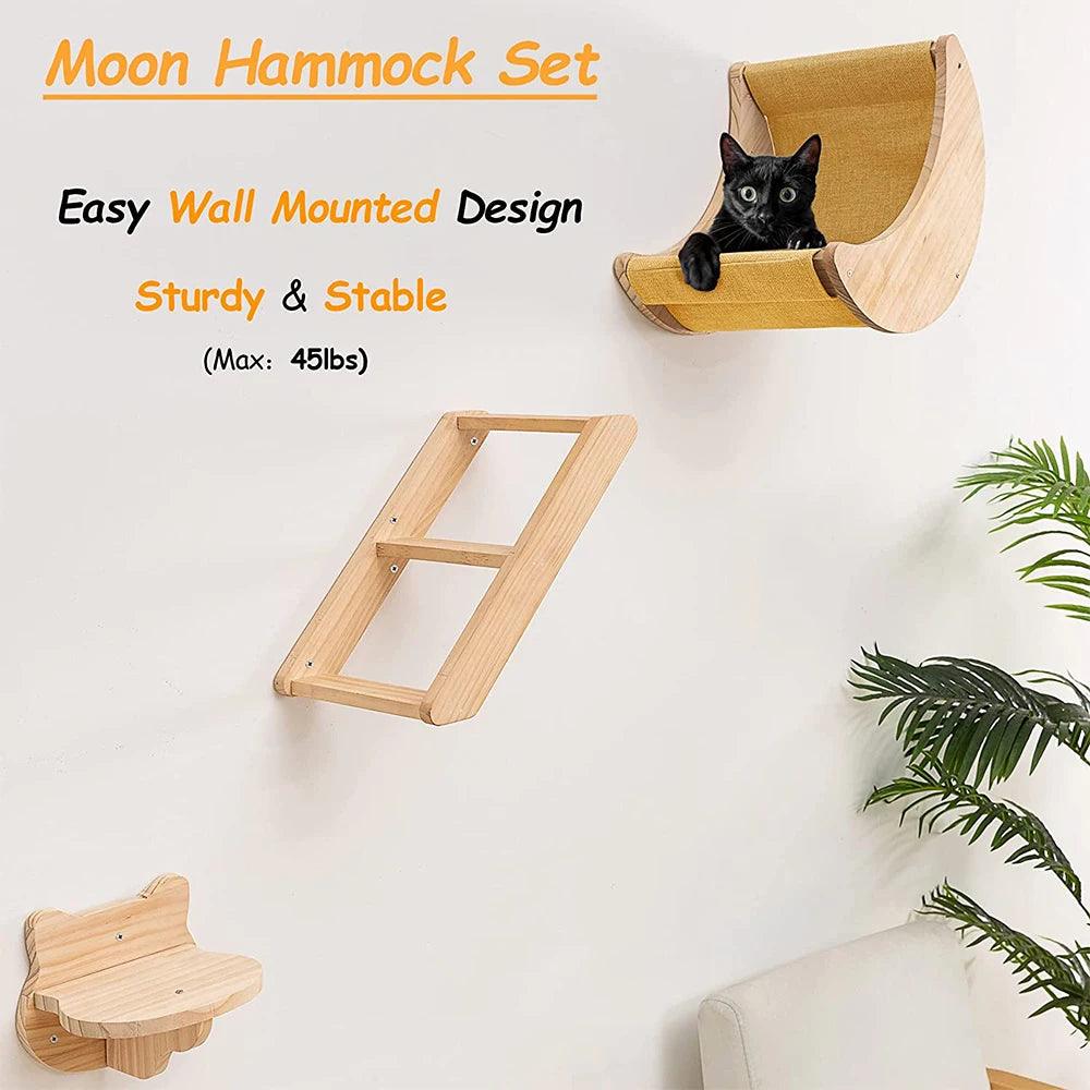 Authentic Wood Cat Wall Hammock Shelves - Moon Shaped Design - Love4thePets