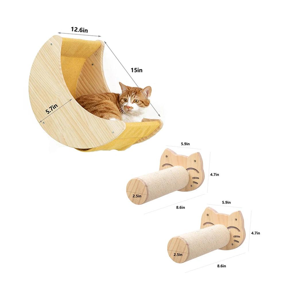 Authentic Wood Cat Wall Hammock Shelves - Moon Shaped Design - Love4thePets